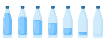 Plastic bottle with different water levels. Full and empty containers. Fresh pure liquid. Refreshing healthy beverage. Drink packaging. H2O fluid. Disposable flask. Vector packages setのイラスト素材