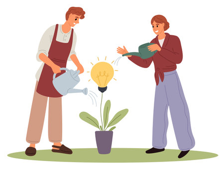 Man and woman grow idea tree together. Businessman watering plant. Teamwork brainstorm. Business startup innovation. Insight lightbulb. Creativity garden. Invention lamp. Vector conceptのイラスト素材