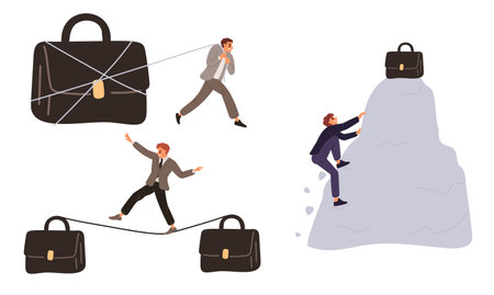 Businessmen with briefcases. Man overcoming obstacles. Business bag. Climb mountain. Office worker balancing on rope. Guy pulling big handbag with cable. Vector leadership concepts setのイラスト素材
