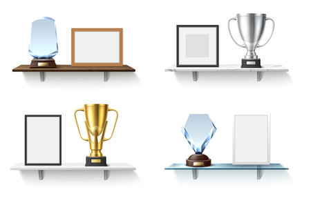 Trophy cups and clear diplomas within standing on shelf. Golden award. Silver goblet. 3D winner rewards on shelving. Victory certificate frame. Competition leader. Vector objects setのイラスト素材