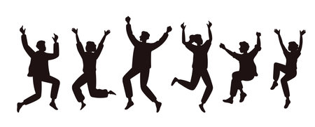 Silhouettes men and women having fun and jumping around. Cheerful bouncing people. Emotion expression. Happiness position. Holiday celebration. Floating poses. Joyful jumpers vector setのイラスト素材