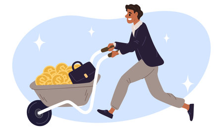 Man holding cart with gold coins. Businessman pushing wheelbarrow. Success and wealth. Trolley for briefcase and cash financial savings. Successful guy. Money investment. Vector conceptのイラスト素材