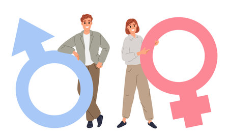 Man and woman with their signs. Human gender. Feminine or masculine characters. Heterosexual couple relationship. People holding big sex symbols. Equality and balance. Vector conceptのイラスト素材