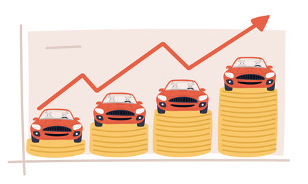 Car value growth graph. Rising car prices. Business chart. Gold coins stack. Growing arrow. Finance increase diagram. Automobile valuation. Auto loan paying. Vector economy infographicのイラスト素材