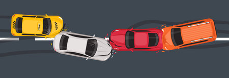 Big car accident. Passenger automobiles on highway top view. Transports danger collision. Auto traffic. Broken vehicles. Wrecked sedans. Street crash. Smashed machines. Vector conceptのイラスト素材