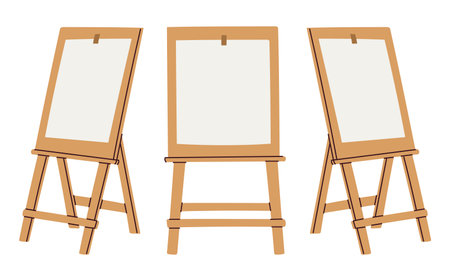 Wooden drawing easels with white blank sheet. Clean picture plank holder. Stationery for painting. Painters accessory. Artwork canvas view angles. Artistic equipment. Art stuff vector setのイラスト素材