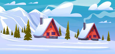 Mountain winter landscape with beautiful cozy houses and smoke from stove pipes. Cold season scenery. Snowy trees. Pine forest. Wooden homes. Village buildings. Vector panorama backgroundのイラスト素材