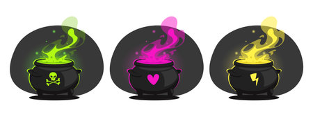 Witches cauldrons with colorful magic potion. Poison or energy elixirs. Love drink. Sorcery laboratory. Fantasy pot with toxic smoke. Witchcraft and alchemy boiler. Vector magical setのイラスト素材