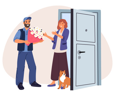 Male courier brought woman bouquet of flowers. Delivery to house door. Store order express shipping. Man carrying blossoms gift. Apartment doorway. Shipment service. Vector conceptのイラスト素材
