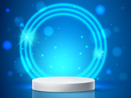 Realistic white stage podium with circular lighting. Bokeh glare and glow. Cylinder platform. Presentation empty stand. 3D round pedestal with shiny rings. Vector exhibition backgroundのイラスト素材