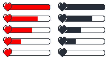 Pixel game lifebar in form of 8bit heart. Computer arcade UI. Playing indication chart. Gaming full or empty health progress bar. Pixelated infographic. Vector interface elements setのイラスト素材