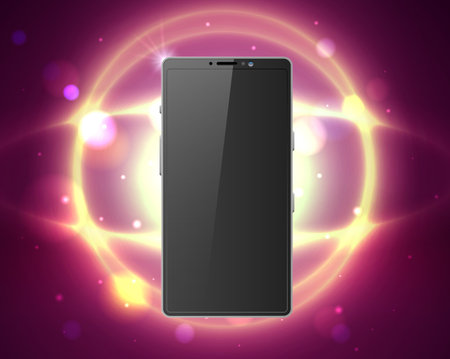 Realistic cell phone presentation on glowing background with rays and highlights. Cellphone screen. Bokeh light and shiny circles. Cellular technology. Vector smartphone display mockupのイラスト素材