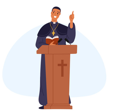 Priest gives speech from podium. Minister of church delivers religious sermon. God worship. Christian clergyman. Pastor reading gospel. Bishop speaking at cathedral tribune. Vector conceptのイラスト素材