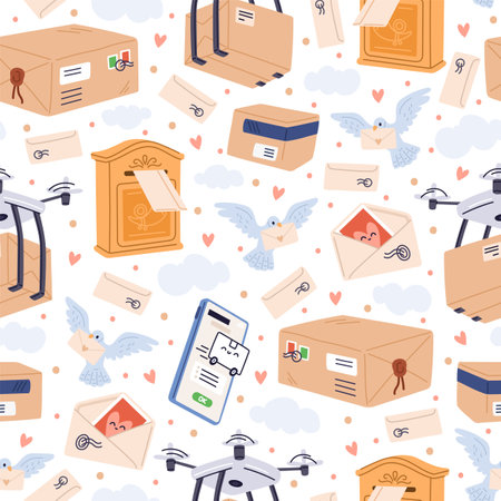 Postal seamless pattern. Parcels and letters. Postcard sending. Mobile phone app. Repeated print. Post correspondence in mailboxes. Delivery drones and carrier pigeons. Vector backgroundのイラスト素材