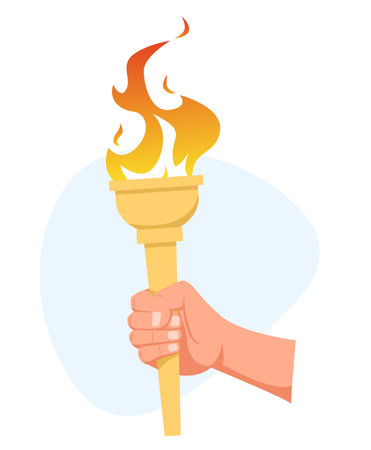 Hand holds burning torch symbol of athletic competition. Olympic games. Championship victory torchlight. Sport tournament. Flambeau combustion. Arm with blazing flame. Vector conceptのイラスト素材