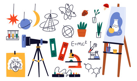 Cartoon school teachers. Different education lessons elements. College subject attributes. Physics and chemistry teaching. Art easel or literature. Astronomy telescope. Garish vector setのイラスト素材