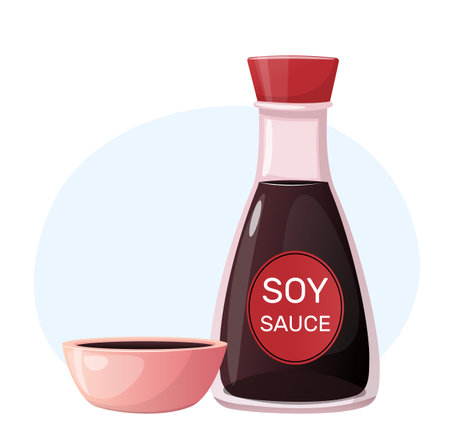 Traditional Asian soy sauce in bottle and bowl. Chinese product. Japanese seasoning. Soybean liquid. Soya delicious condiment. Food cooking. Salty taste spice. Vector kitchen ingredientのイラスト素材
