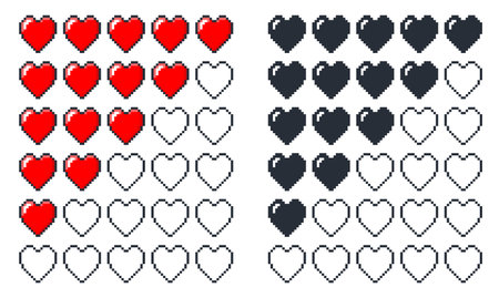 Strip health points in shape of pixel heart. 8 bit arcade game. Playing indication chart. Red and black amour icons row. Silhouette or contour sweethearts. Vector interface elements setのイラスト素材