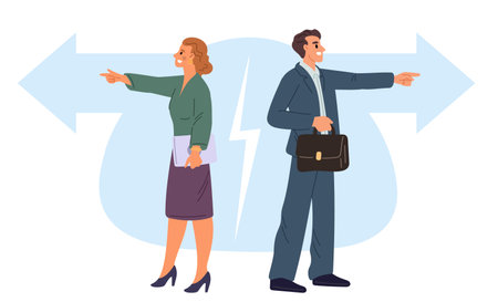 Man and woman show different business direction. Team conflict. Teamwork problem. Couple misunderstanding. Pointing forefinger. Collogues disagreement. Opposite way. Vector conceptのイラスト素材