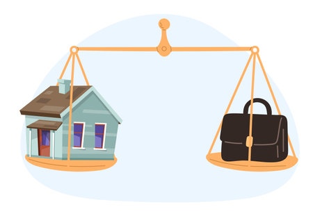 Home and portfolio on scale. Balancing between home and work. Family and career choose. Selection dilemma. House building and business comparison. Lifestyle strategy. Vector conceptのイラスト素材