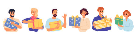 Happy men and women holding boxes with gifts in hands. Smiling people with presents. Give or receive surprise. Holiday celebrate. Birthday anniversary. Persons with giftboxes vector setのイラスト素材