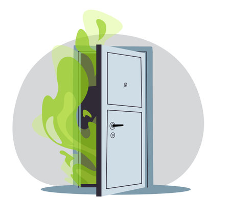 Unpleasant odor coming from door. Strong stench in apartment. Bad aroma. Smelly vapor. Toxic green air gas. Stinky house doorframe. Neighbors fetor. Rotting nasty smell. Vector conceptのイラスト素材
