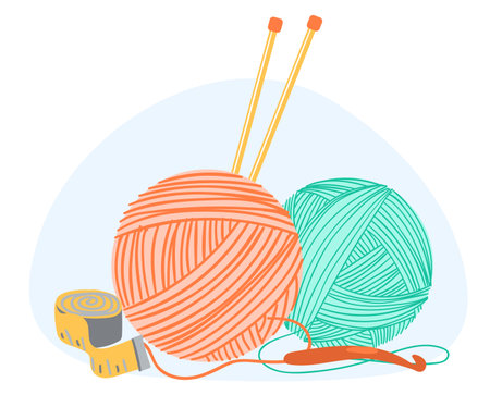 Handicraft yarn for knitting wound into balls. Wool ball. Crochet hook. Needles and measuring tape. Handmade needlework. Craft accessory. Cozy roll skein. Vector creative hobby conceptのイラスト素材