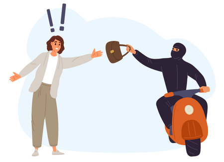 Scooter thief snatched purse from womans hand. Perpetrator stole girl belongings. Motorized burglar in mask. Pickpocket crime. Gangster at moped. Bandit driving vehicle. Vector conceptのイラスト素材