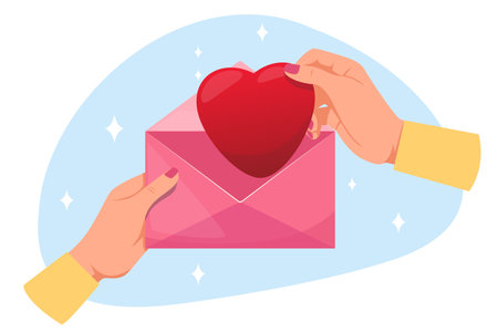 Woman hands pull out red heart. Symbol of love and passion. Romantic letter receive. Mailing envelope in arms. Send correspondence. Valentine card. Charity donation. Vector conceptのイラスト素材