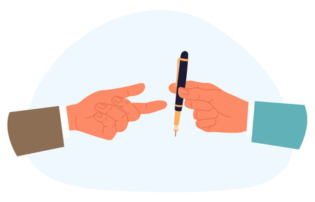 Hands pass each other pen. Signing agreement or contract. Give stationery. Document signature. Business deal. Businessman gesture. Ballpoint for writing. Office managers. Vector conceptのイラスト素材