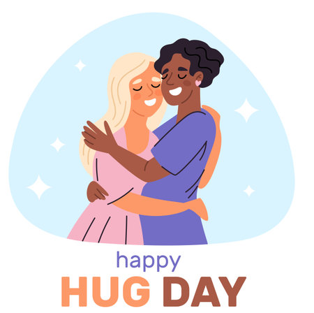 Two girls hugging each other. Happy hug day greeting card. Friends embrace. Women cuddles. Females meeting. People communication. Unity and support. Holiday celebration vector posterのイラスト素材