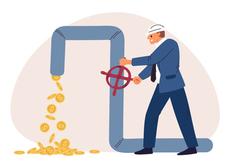Businessman investor opens water faucet with gold coins. Cash flow. Finance profit. Man turning on pipe valve. Plumbing pipeline. Earnings income. Investment success. Vector conceptのイラスト素材
