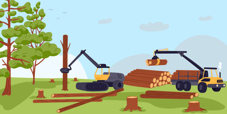 Logging machines cutting down trees. Destroying forest. Natural disaster. Stumps in desolate area. Nature ecosystem damage and deforestation. Environment conservation. Vector conceptのイラスト素材