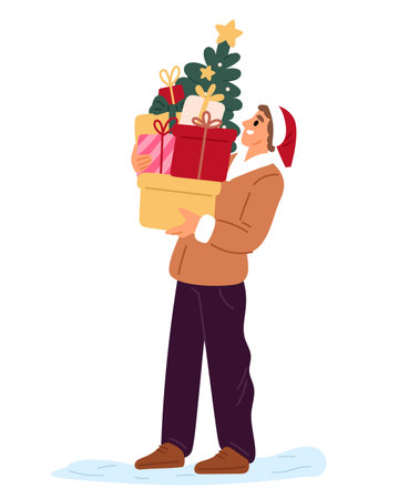 Jolly man in Santa hat with Christmas tree and presents in hands. Guy carrying gifts. Holiday celebration. Vector concept Happy person with Santa hat. New Year surprises. Vector conceptのイラスト素材