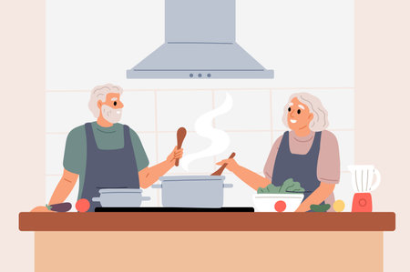 Elderly man and woman preparing food together in kitchen. Senior couple. Dinner preparation. Grandparents leisure. Old wife and husband cooking at home. Culinary hobby. Vector conceptのイラスト素材