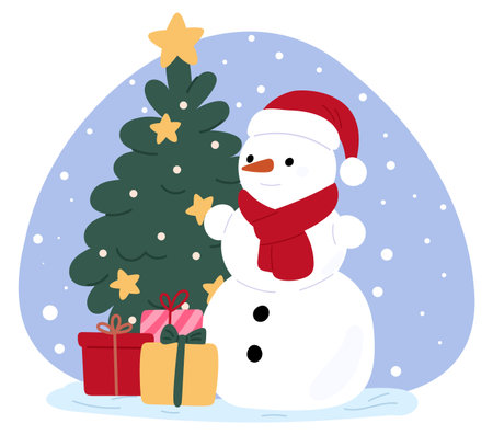 Cheerful cartoon snowman next to Christmas tree and presents. Holiday gifts. Santa hat. Winter snowflake. New year garland. December event decoration. Xmas celebration vector conceptのイラスト素材