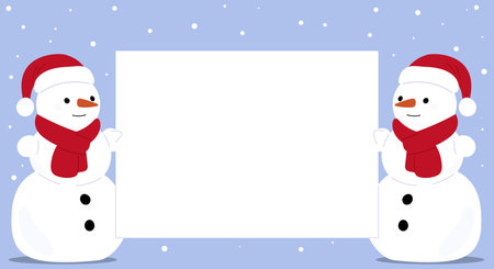 Two snowmen holding white sheet. Christmas card template. Cute snow figures with Santa hats and scarves showing blank Xmas background. Winter snowflake. Vector new year holiday bannerのイラスト素材