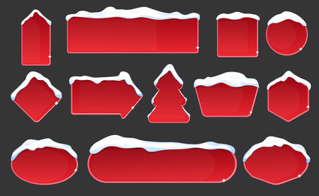 Red frames with snow cover on dark background. Christmas or New Year discount. Direction pointer arrow. Empty billboards. Square and round label shapes. Frost design signboards vector setのイラスト素材