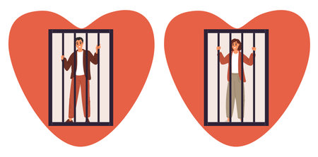 Man and woman trapped inside big heart. Toxic relationships. Love addiction. Couple in cages. Prison...