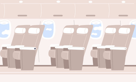 Empty airplane interior with seats, shelves for things and portholes. Armchairs row. Plane cabin. Airline transportation. Aircraft salon. Passenger comfortable chairs. Vector conceptのイラスト素材
