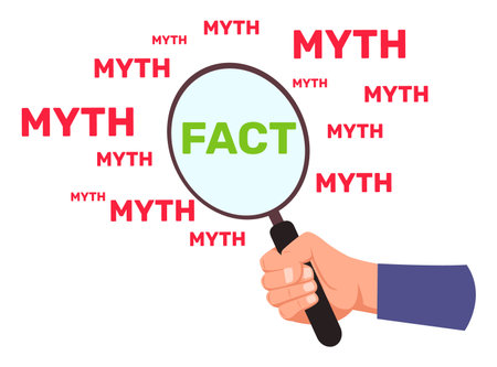 Hand holding magnifying glass with fact inscription. Searching for truthful information among myths. Finding true knowledge. Truth proof. False identify. Lie verification. Vector conceptのイラスト素材