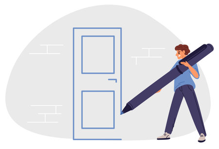 Man draws door on wall with pen. Male creating decision. Thoughtful person searching entrance. Businessman solving trouble. Vector concept of finding way out of difficult situationのイラスト素材