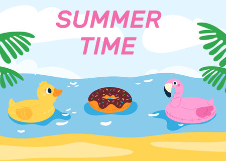 Beautiful poster. Summer time theme banner. Sea water waves and sandy seashore beach. Tropical resort. Summertime vacation. Inflatable lap. Swimming and sunbathing. Travel vector postcardのイラスト素材