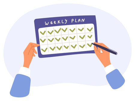 Businessman marks fulfillment of weekly plan in special work calendar view from above. Completed goals. Hands putting checkmark. Reminders schedule. Finished task mark. Vector conceptのイラスト素材