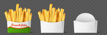 Realistic packaging for French fries. Empty and full pack for fried potato pieces. 3D package...