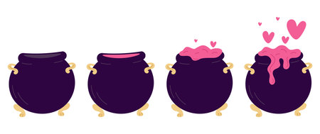 Metal cauldron with magic spell potion. Stages of preparation of love elixir. Fantasy pot with toxic smoke. Aphrodisiac essence drink. Witchcraft and alchemy boiler. Vector magical setのイラスト素材