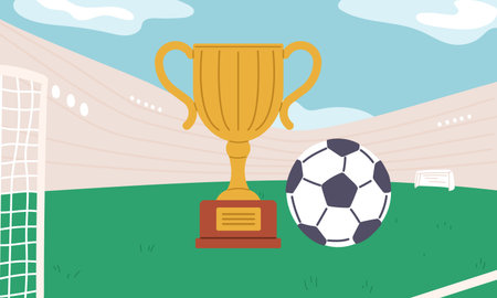 Golden trophy cup and soccer ball on stadium field. Football award. Gold goblet. Championship achievement. Sport competition. Team league. Winning reward. Victory trophy. Vector conceptのイラスト素材
