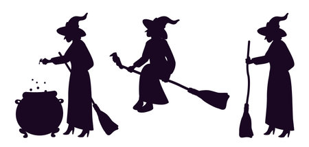 Witch preparing magic potion and flying on broom. Halloween character. Magical elixir brewing in cauldron. Sorceress on broomstick. Vector set of black silhouettes on white backgroundのイラスト素材