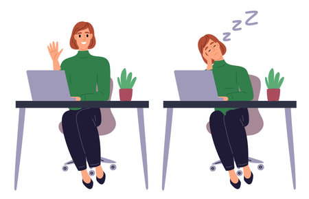 Tired or happy female employee. Burnout or energetic woman in workplace. Office worker sleeping at computer desk. Exhausted manager overwork. Businessman productive work. Vector conceptのイラスト素材
