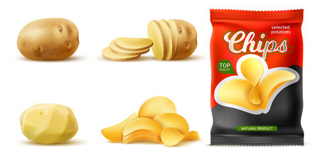 Realistic mockup of chips packaging with fried potato crispy slices. Tubers peeled and cut into pieces. Whole starchy vegetable. Fastfood pouch package. Foil sachet. Vector 3D objects setのイラスト素材
